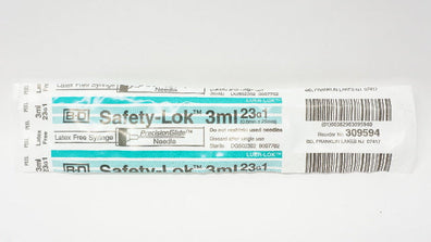 BD 309594 Safety-Lok PrecisionGlide Ndle Latex Free Syringe 3ml 23G1